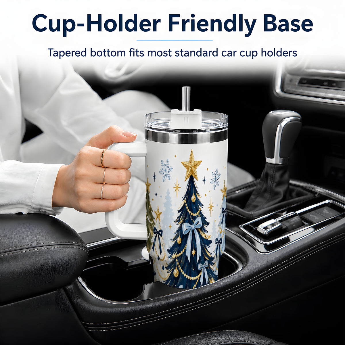 Navy Blue Christmas Trees Handled Tumbler, 40oz Holiday Drinkware