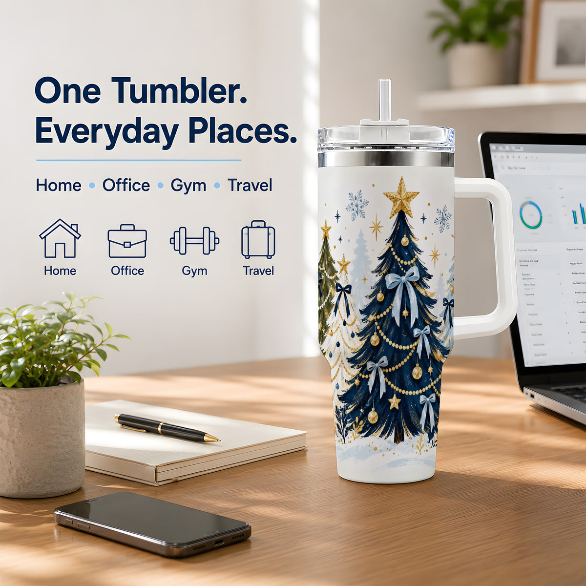 Navy Blue Christmas Trees Handled Tumbler, 40oz Holiday Drinkware