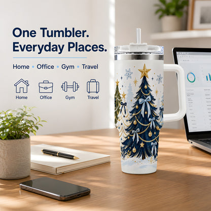 Navy Blue Christmas Trees Handled Tumbler, 40oz Holiday Drinkware