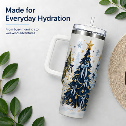 Navy Blue Christmas Trees Handled Tumbler, 40oz Holiday Drinkware