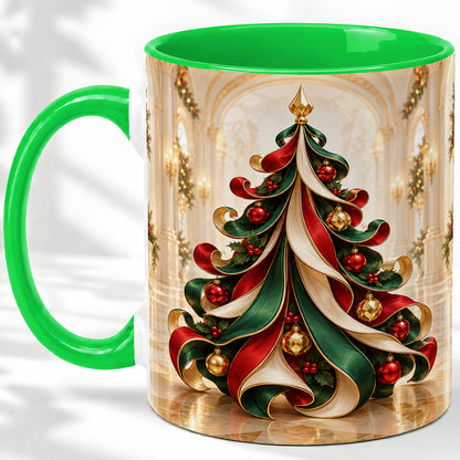 #pl[11oz|Green] Elegant Ribbon Christmas Tree Ceramic Mug, Red Green Holiday Art