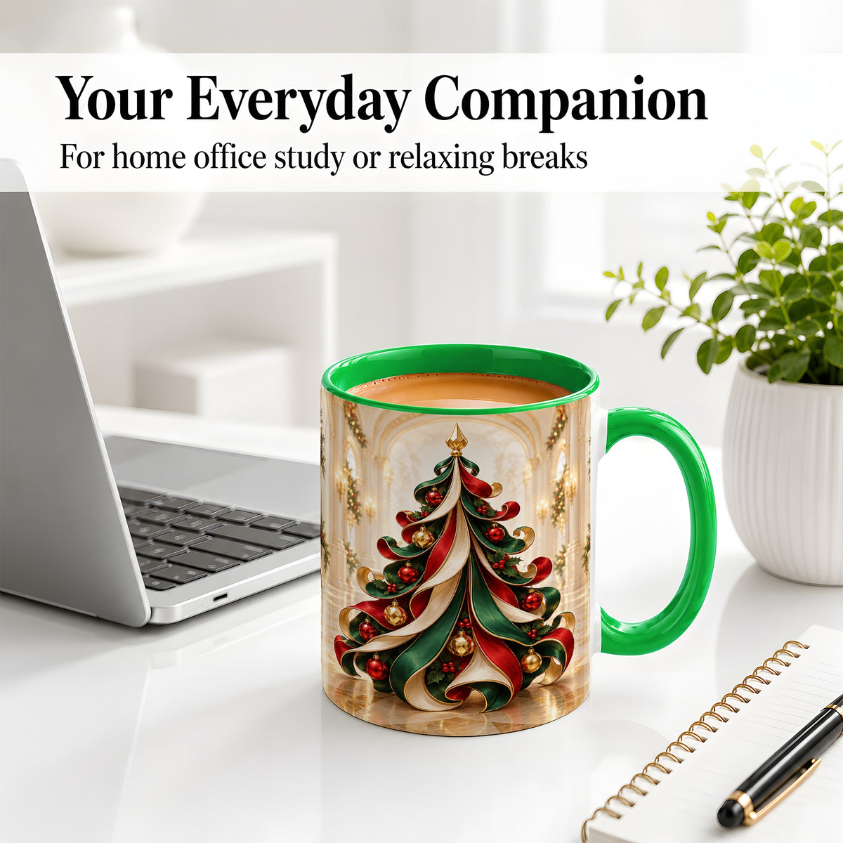 #pl[11oz|Green] Elegant Ribbon Christmas Tree Ceramic Mug, Red Green Holiday Art