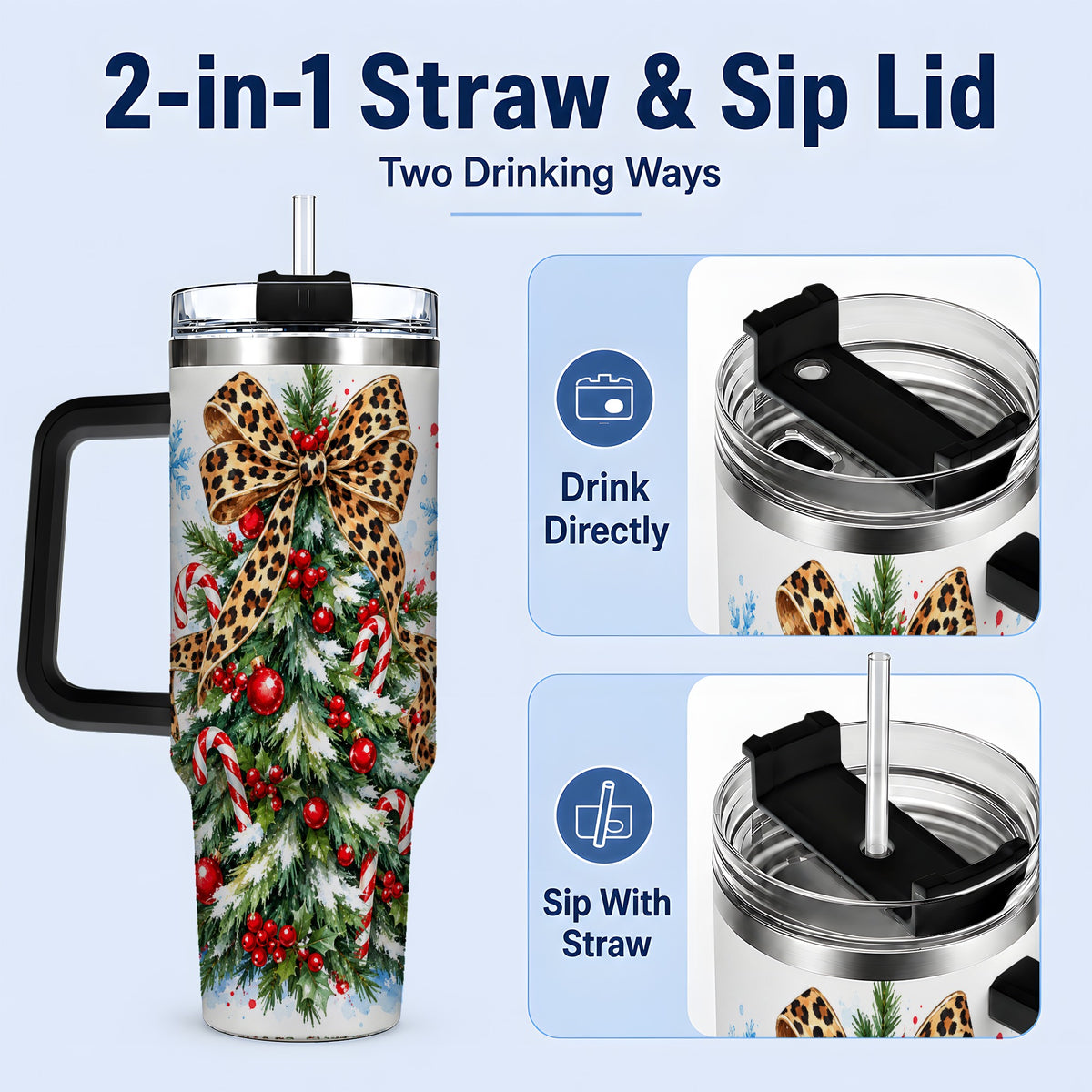 #pl[40oz|Black] Leopard Print Christmas Tree Handled Tumbler, 40oz Holiday Drinkware