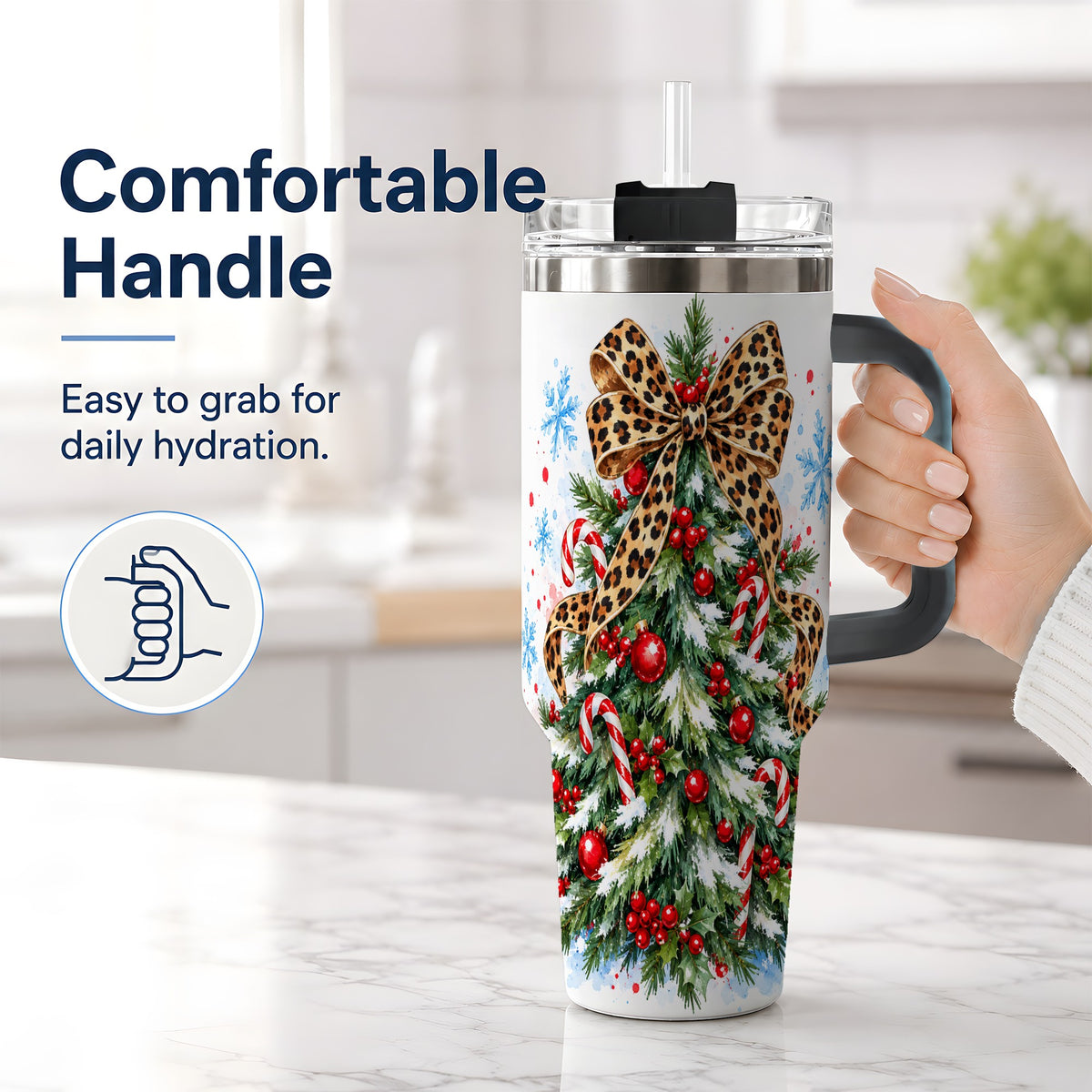 #pl[40oz|Black] Leopard Print Christmas Tree Handled Tumbler, 40oz Holiday Drinkware