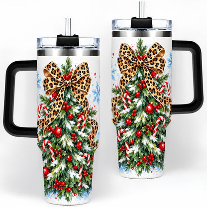 #pl[40oz|Black] Leopard Print Christmas Tree Handled Tumbler, 40oz Holiday Drinkware