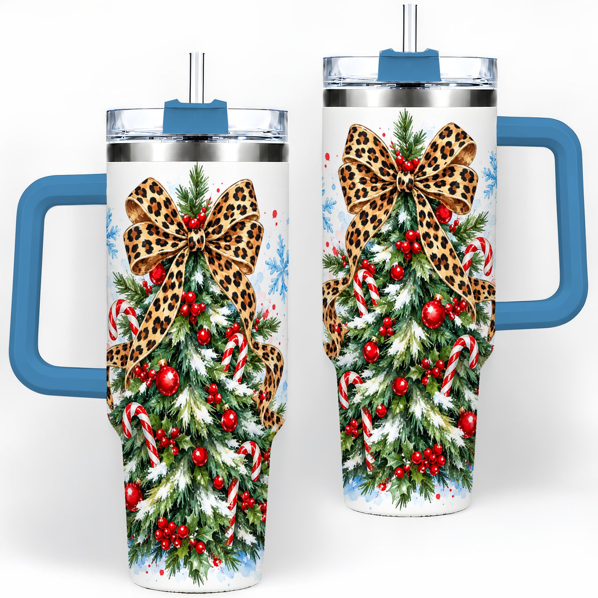 #pl[40oz|Blue] Leopard Print Christmas Tree Handled Tumbler, 40oz Holiday Drinkware