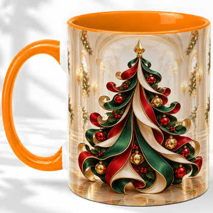 #pl[11oz|Orange] Elegant Ribbon Christmas Tree Ceramic Mug, Red Green Holiday Art