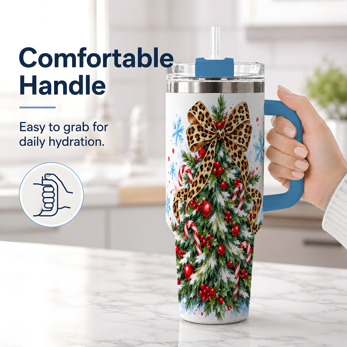 #pl[40oz|Blue] Leopard Print Christmas Tree Handled Tumbler, 40oz Holiday Drinkware