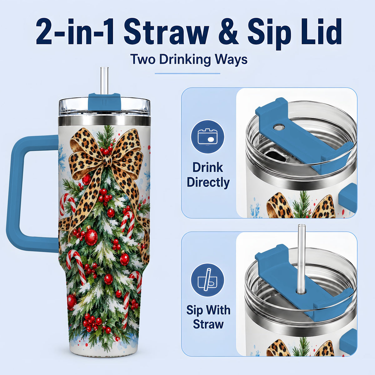 #pl[40oz|Blue] Leopard Print Christmas Tree Handled Tumbler, 40oz Holiday Drinkware