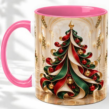 #pl[11oz|Pink] Elegant Ribbon Christmas Tree Ceramic Mug, Red Green Holiday Art