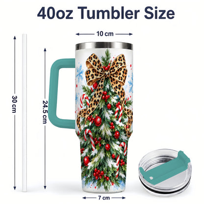 #pl[40oz|Green] Leopard Print Christmas Tree Handled Tumbler, 40oz Holiday Drinkware
