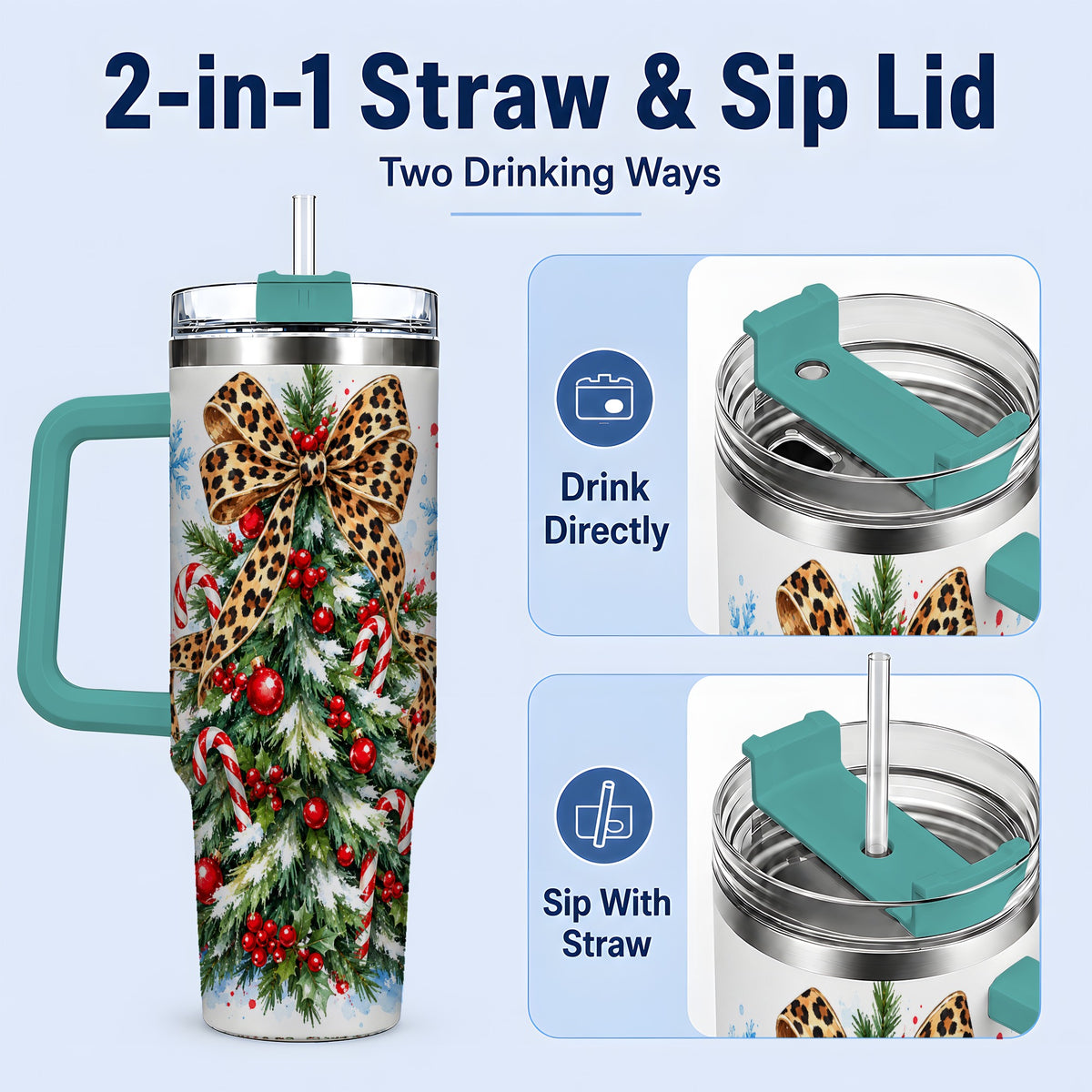 #pl[40oz|Green] Leopard Print Christmas Tree Handled Tumbler, 40oz Holiday Drinkware