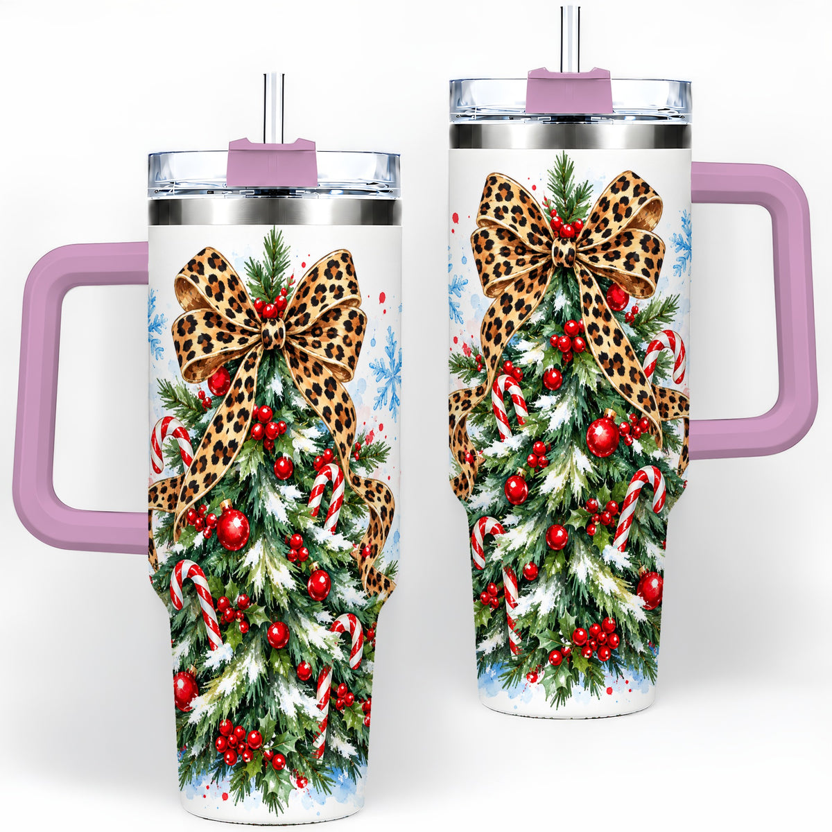 #pl[40oz|Pink] Leopard Print Christmas Tree Handled Tumbler, 40oz Holiday Drinkware