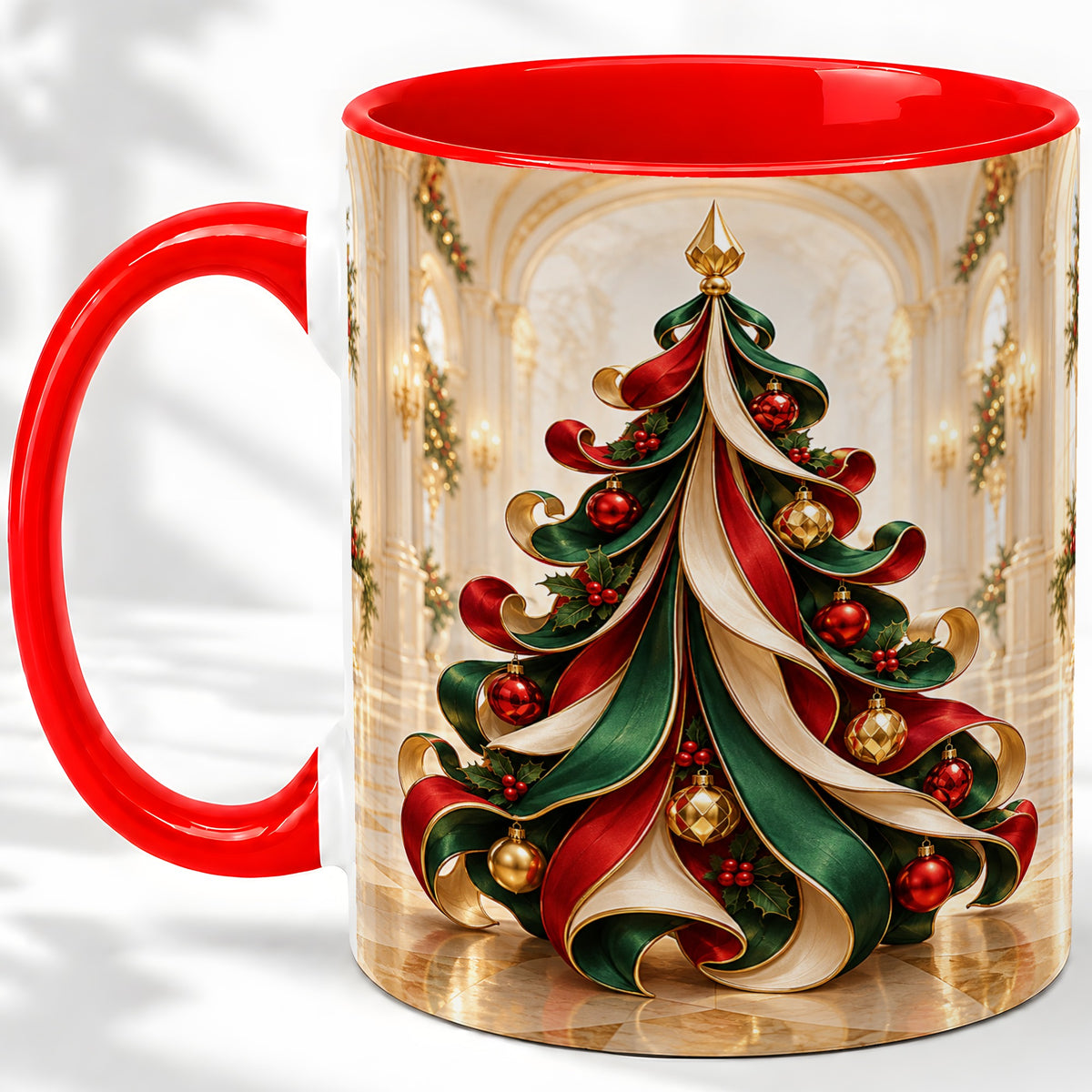 Elegant Ribbon Christmas Tree Ceramic Mug, Red Green Holiday Art