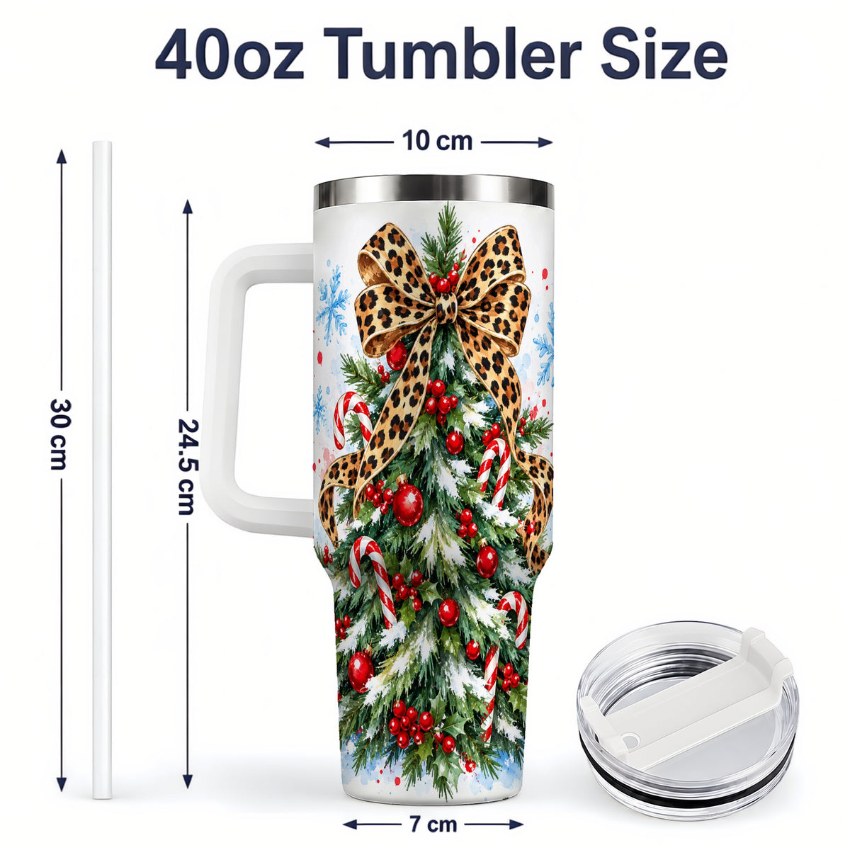 #pl[40oz|White] Leopard Print Christmas Tree Handled Tumbler, 40oz Holiday Drinkware