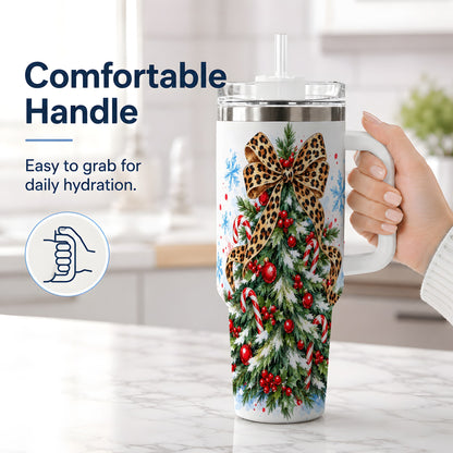 #pl[40oz|White] Leopard Print Christmas Tree Handled Tumbler, 40oz Holiday Drinkware