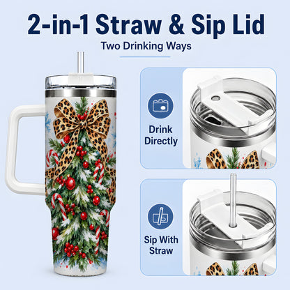 #pl[40oz|White] Leopard Print Christmas Tree Handled Tumbler, 40oz Holiday Drinkware