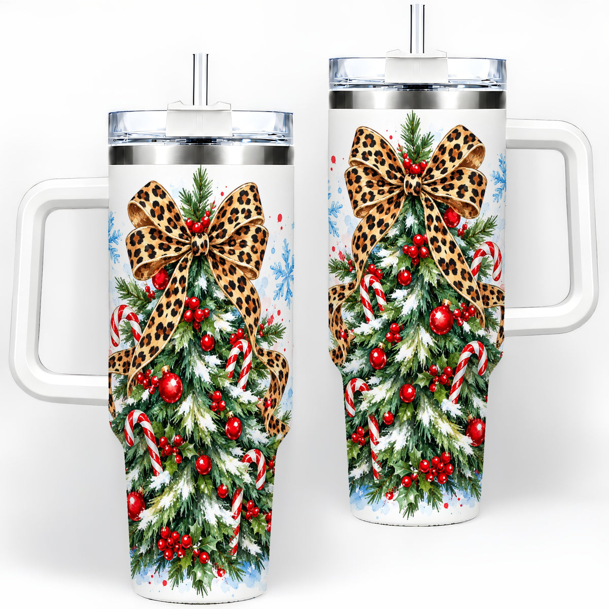 Leopard Print Christmas Tree Handled Tumbler, 40oz Holiday Drinkware