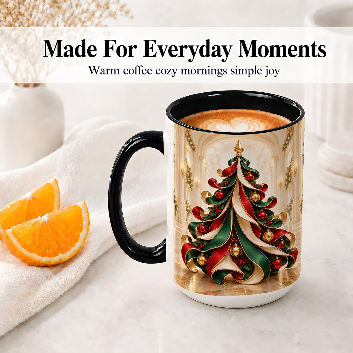 #pl[15oz|Black] Elegant Ribbon Christmas Tree Ceramic Mug, Red Green Holiday Art