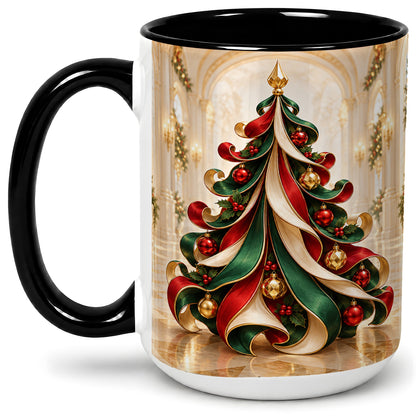 #pl[15oz|Black] Elegant Ribbon Christmas Tree Ceramic Mug, Red Green Holiday Art