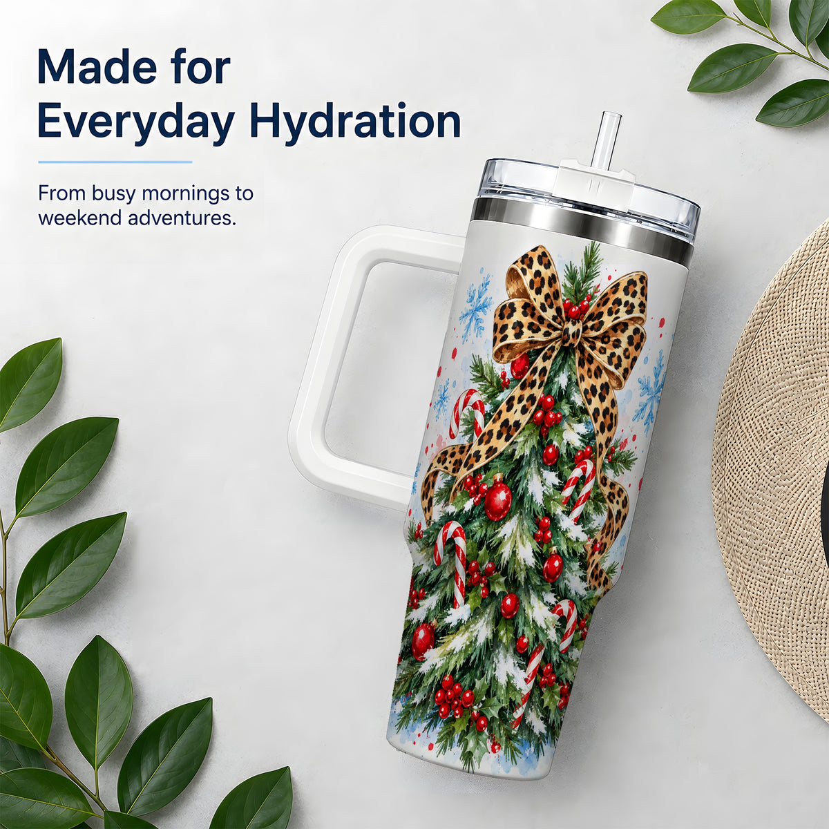 Leopard Print Christmas Tree Handled Tumbler, 40oz Holiday Drinkware