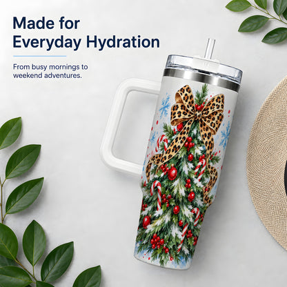 Leopard Print Christmas Tree Handled Tumbler, 40oz Holiday Drinkware