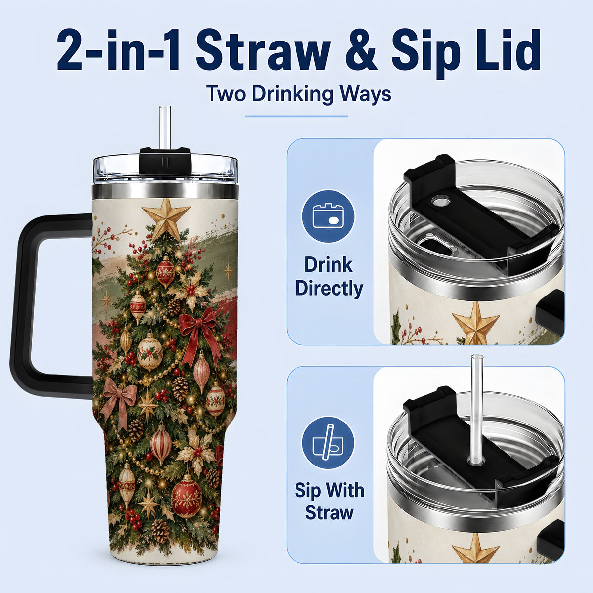 #pl[40oz|Black] Vintage Christmas Tree Handled Tumbler, 40oz Rustic Holiday Cup