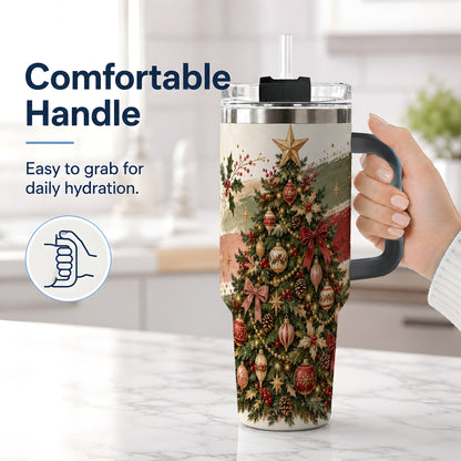 #pl[40oz|Black] Vintage Christmas Tree Handled Tumbler, 40oz Rustic Holiday Cup
