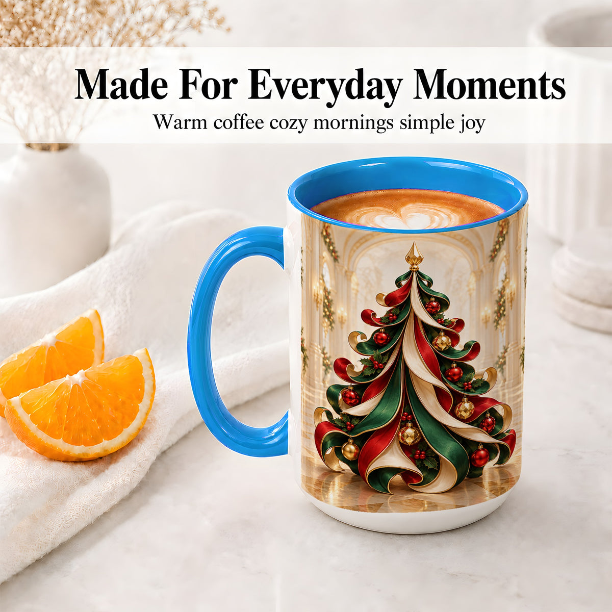 #pl[15oz|Blue] Elegant Ribbon Christmas Tree Ceramic Mug, Red Green Holiday Art