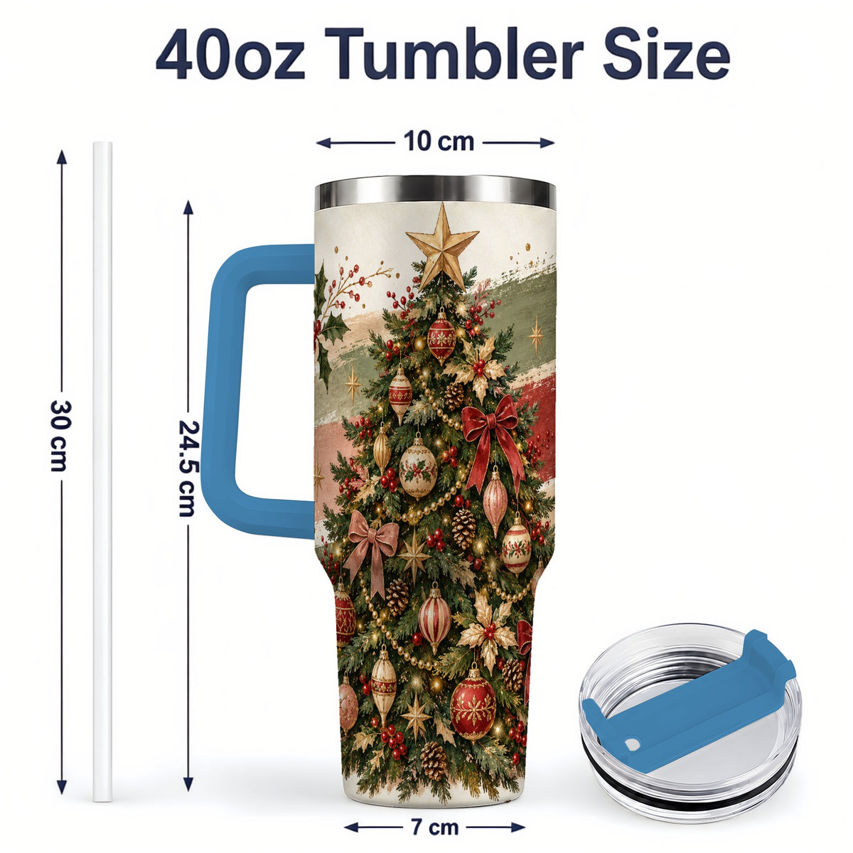 #pl[40oz|Blue] Vintage Christmas Tree Handled Tumbler, 40oz Rustic Holiday Cup