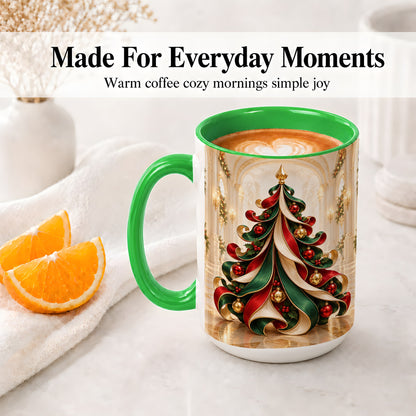 #pl[15oz|Green] Elegant Ribbon Christmas Tree Ceramic Mug, Red Green Holiday Art