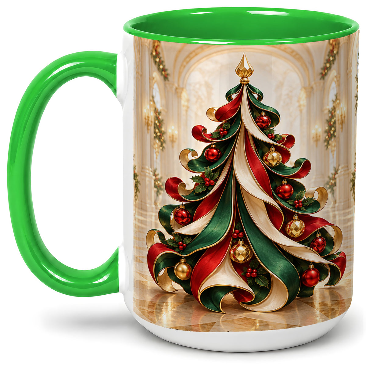 #pl[15oz|Green] Elegant Ribbon Christmas Tree Ceramic Mug, Red Green Holiday Art