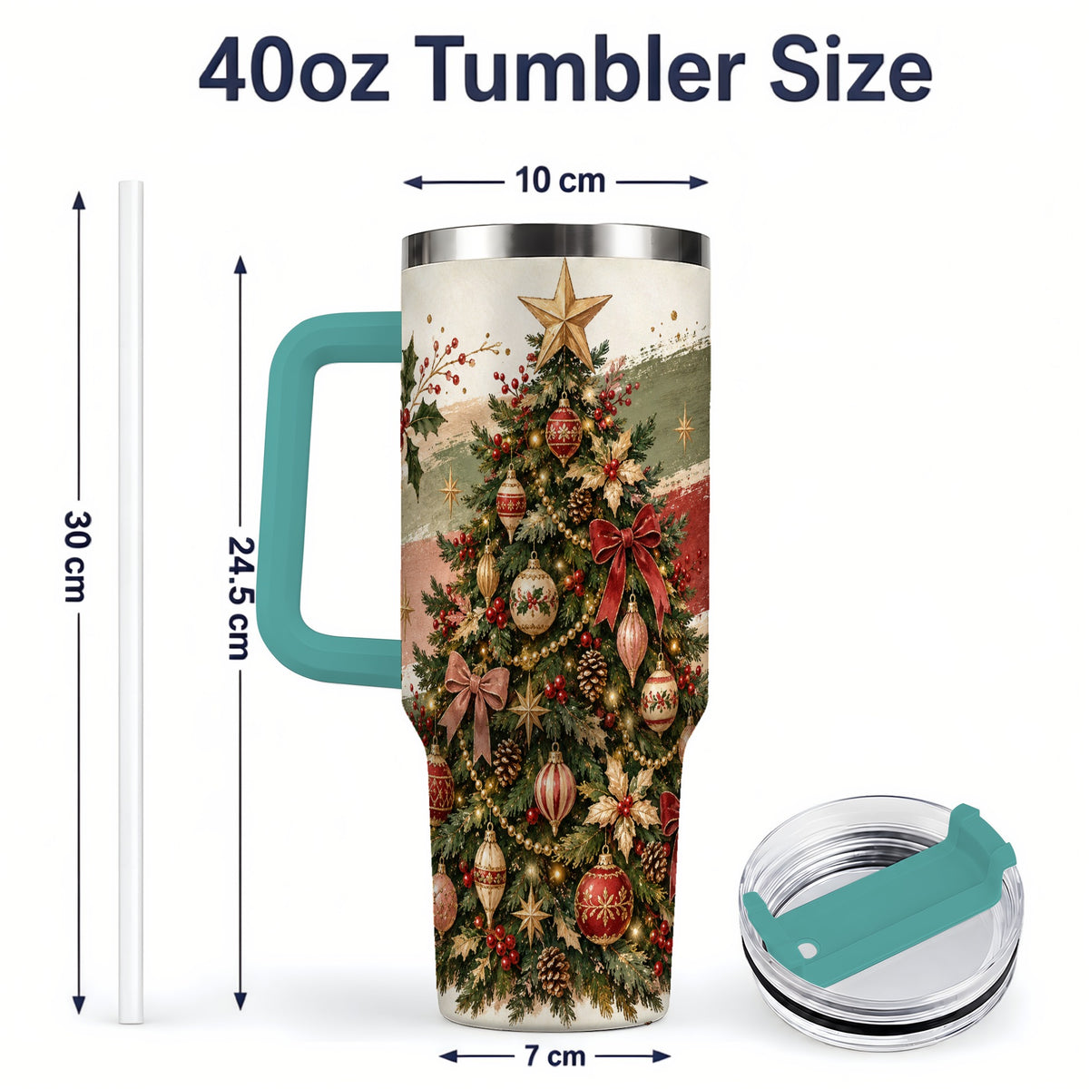 #pl[40oz|Green] Vintage Christmas Tree Handled Tumbler, 40oz Rustic Holiday Cup