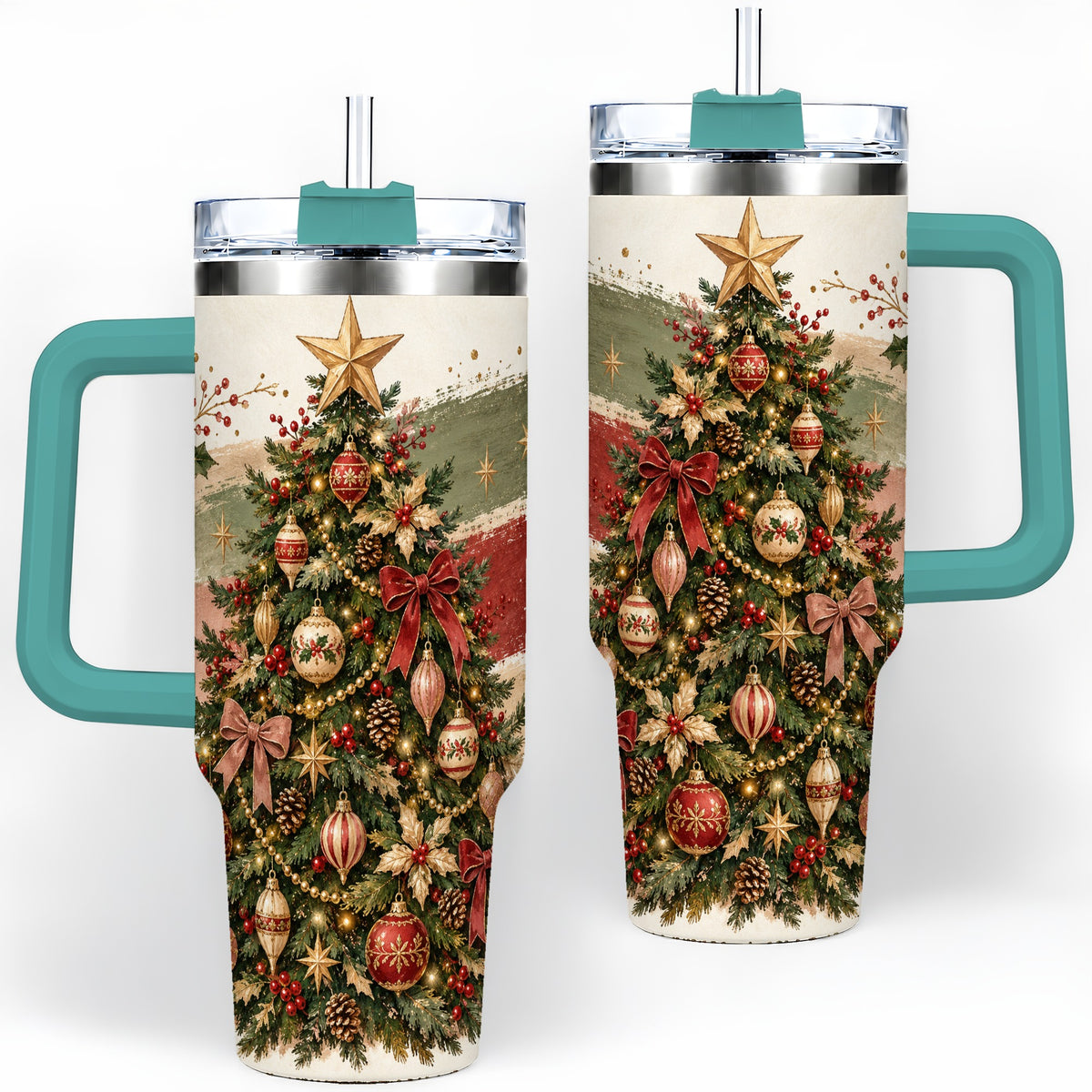 #pl[40oz|Green] Vintage Christmas Tree Handled Tumbler, 40oz Rustic Holiday Cup