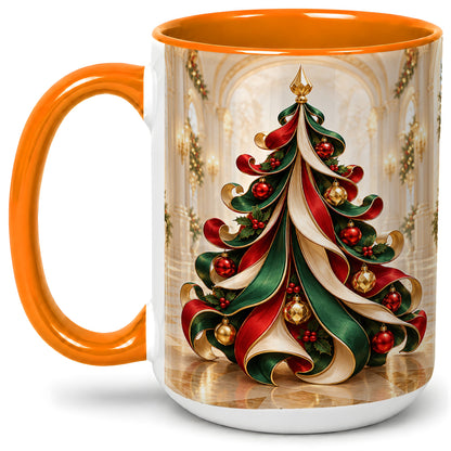#pl[15oz|Orange] Elegant Ribbon Christmas Tree Ceramic Mug, Red Green Holiday Art