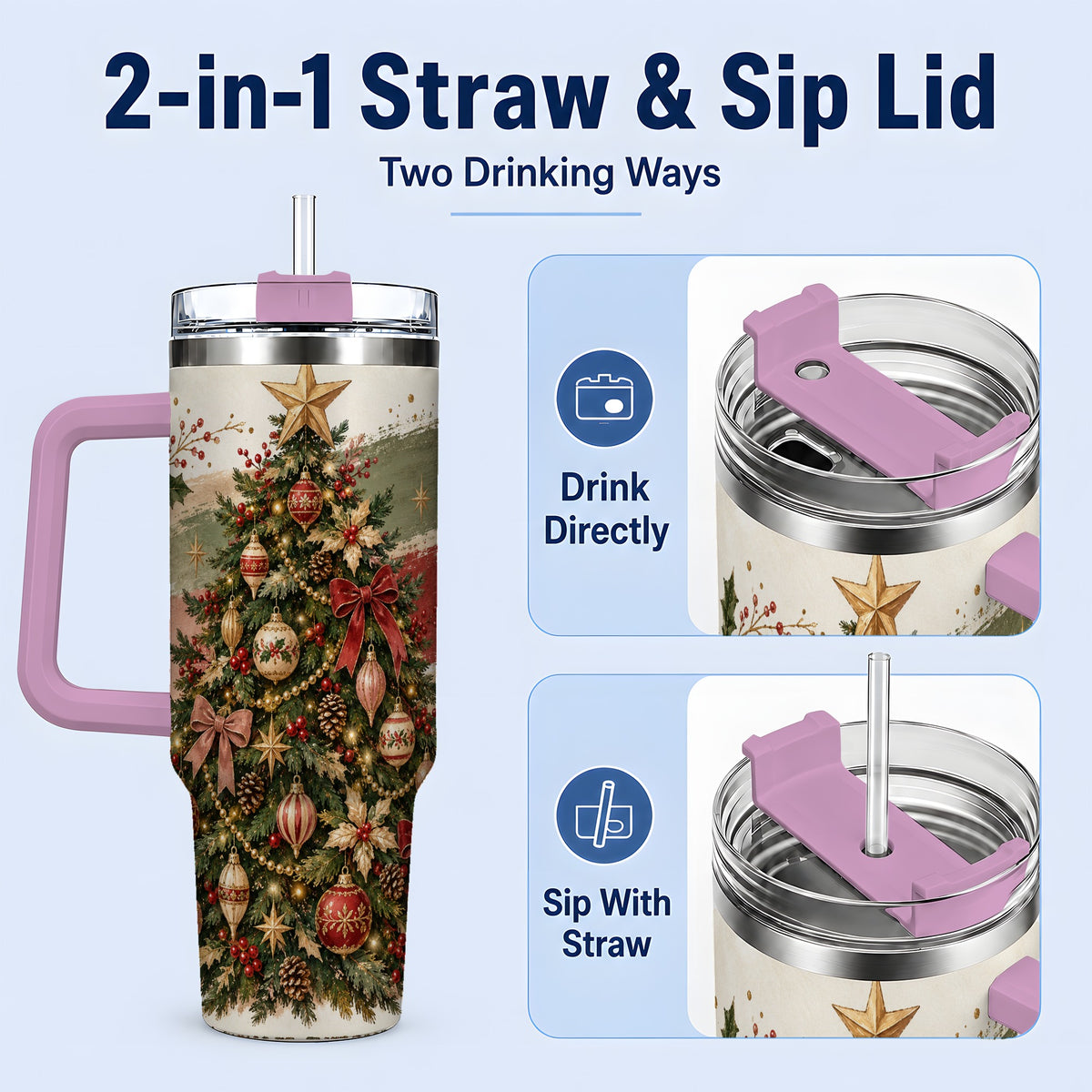 #pl[40oz|Pink] Vintage Christmas Tree Handled Tumbler, 40oz Rustic Holiday Cup