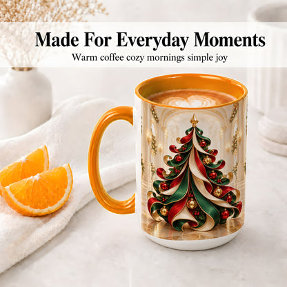 #pl[15oz|Orange] Elegant Ribbon Christmas Tree Ceramic Mug, Red Green Holiday Art