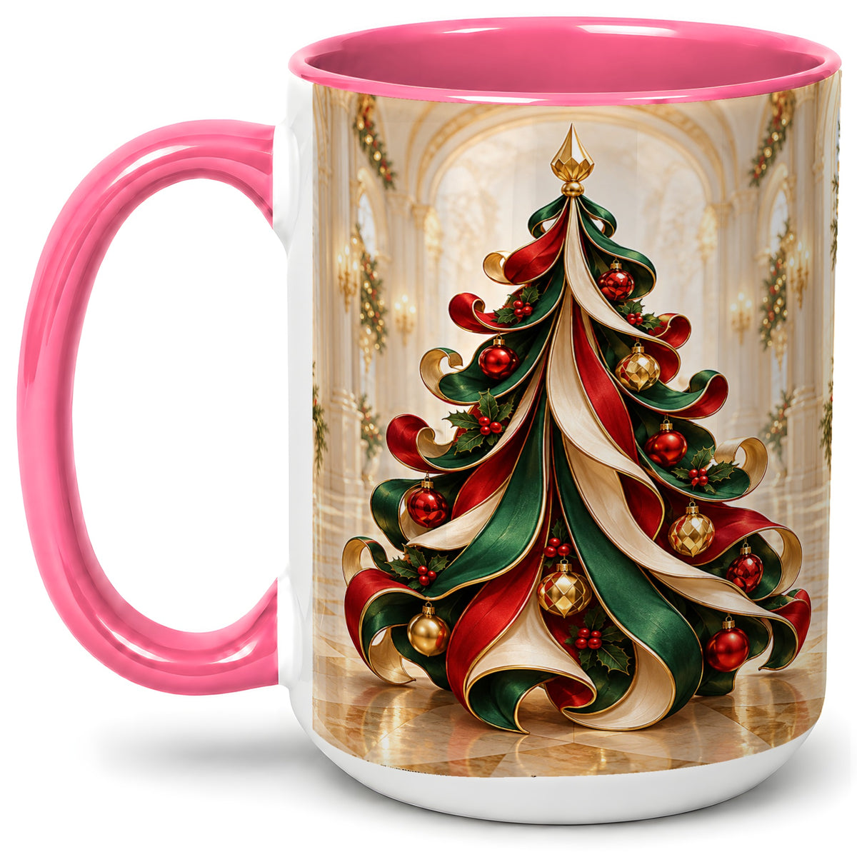 #pl[15oz|Pink] Elegant Ribbon Christmas Tree Ceramic Mug, Red Green Holiday Art