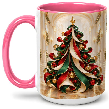 #pl[15oz|Pink] Elegant Ribbon Christmas Tree Ceramic Mug, Red Green Holiday Art