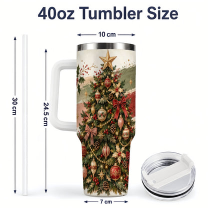 #pl[40oz|White] Vintage Christmas Tree Handled Tumbler, 40oz Rustic Holiday Cup