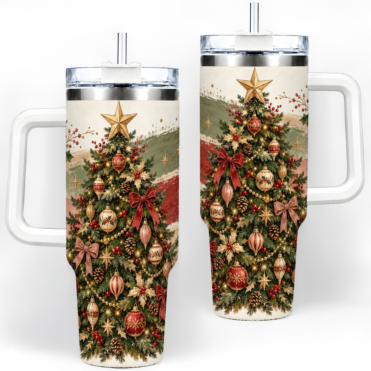 Vintage Christmas Tree Handled Tumbler, 40oz Rustic Holiday Cup