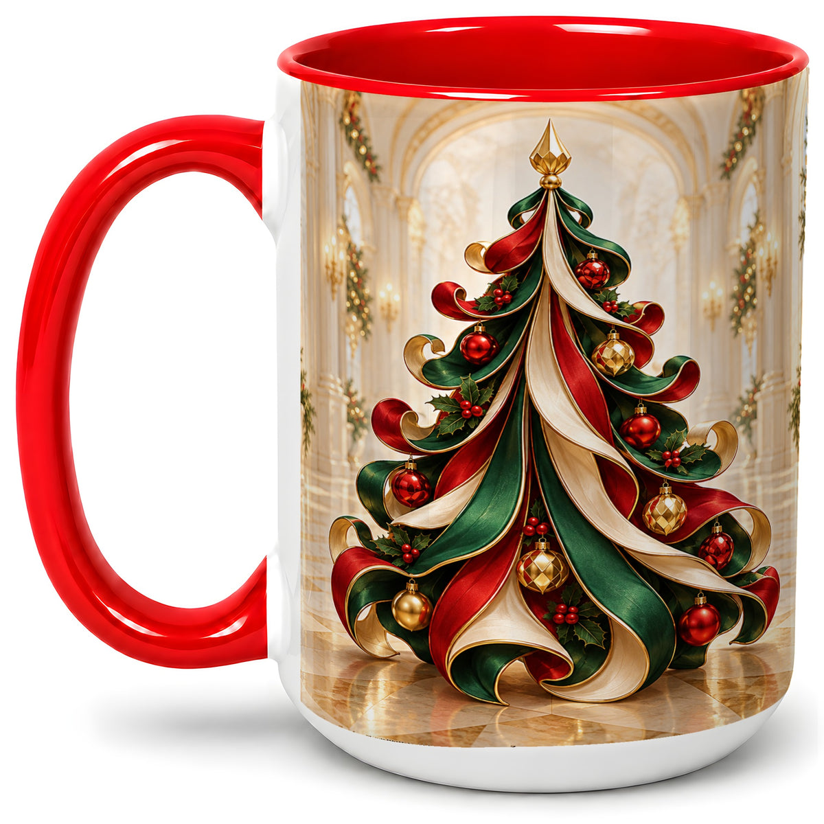 #pl[15oz|Red] Elegant Ribbon Christmas Tree Ceramic Mug, Red Green Holiday Art
