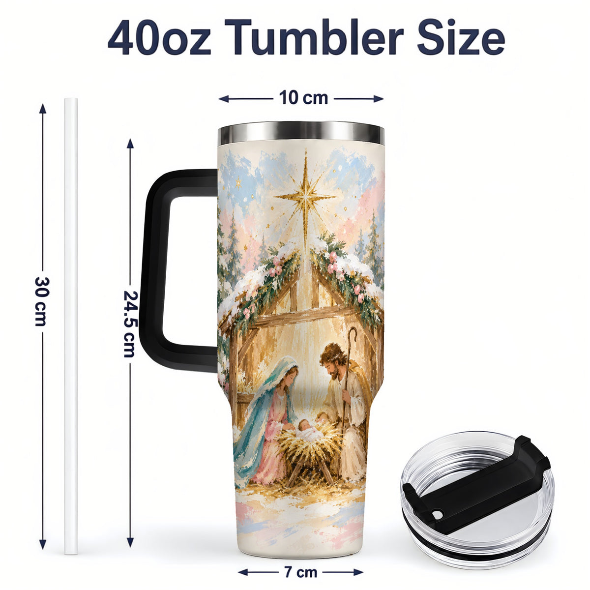 #pl[40oz|Black] Christmas Nativity Scene Handled Tumbler, 40oz Religious Drinkware
