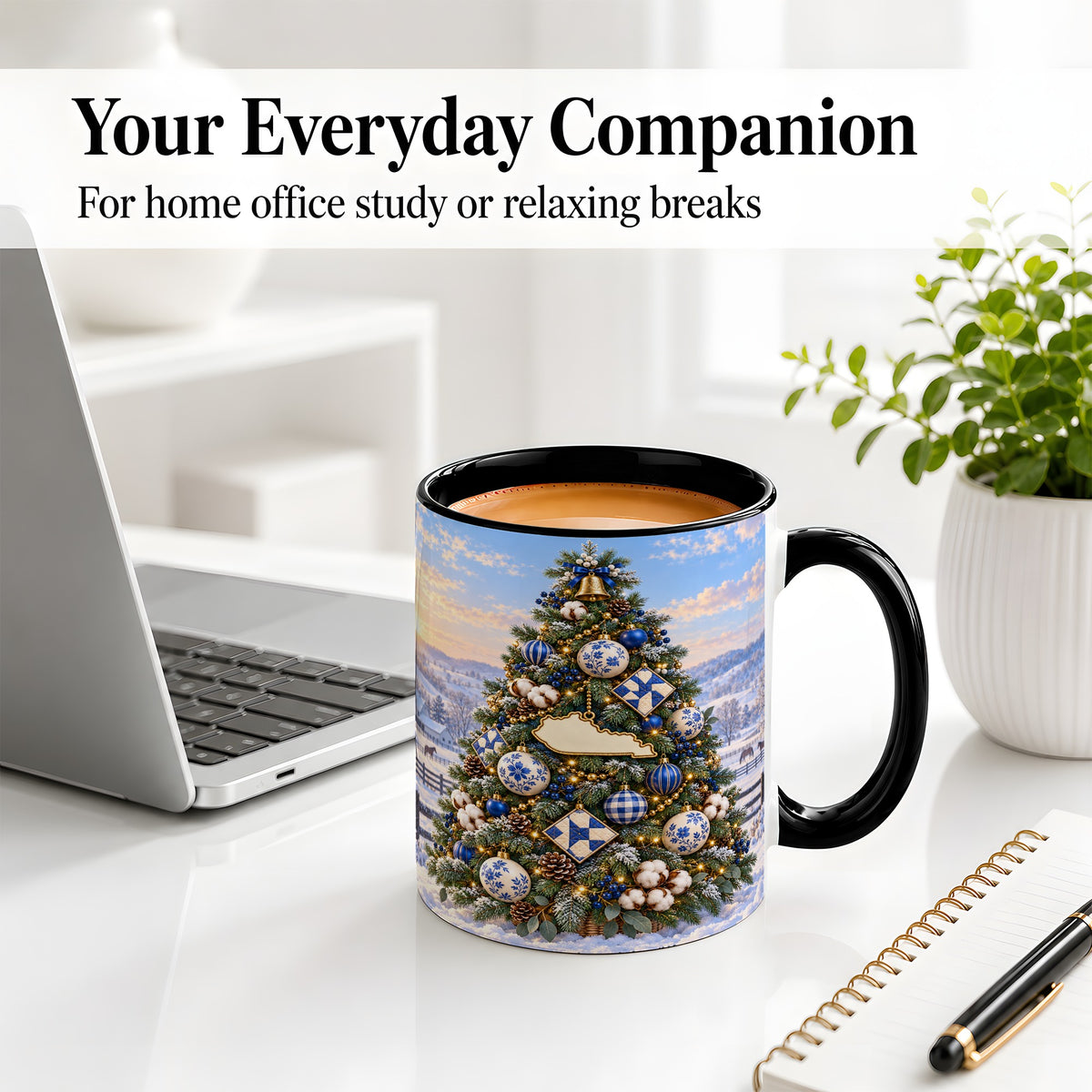 #pl[11oz|Black] Blue White Christmas Tree Ceramic Mug, Rustic Country Holiday Art