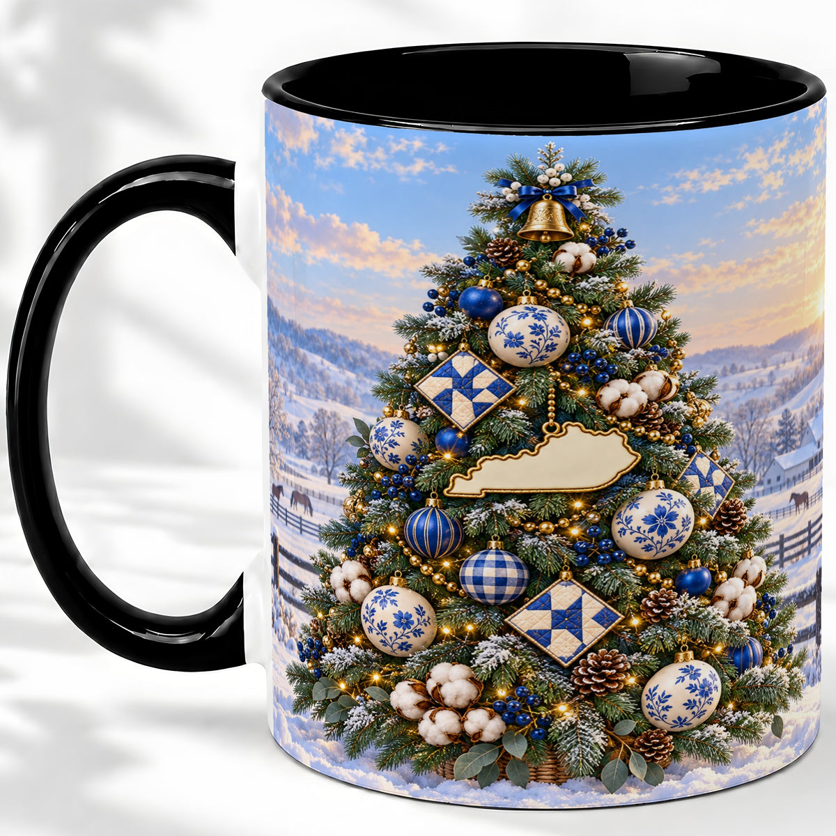 #pl[11oz|Black] Blue White Christmas Tree Ceramic Mug, Rustic Country Holiday Art
