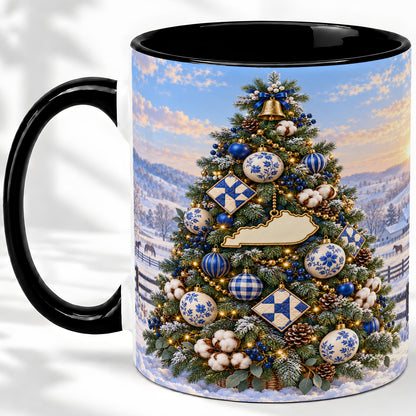 #pl[11oz|Black] Blue White Christmas Tree Ceramic Mug, Rustic Country Holiday Art