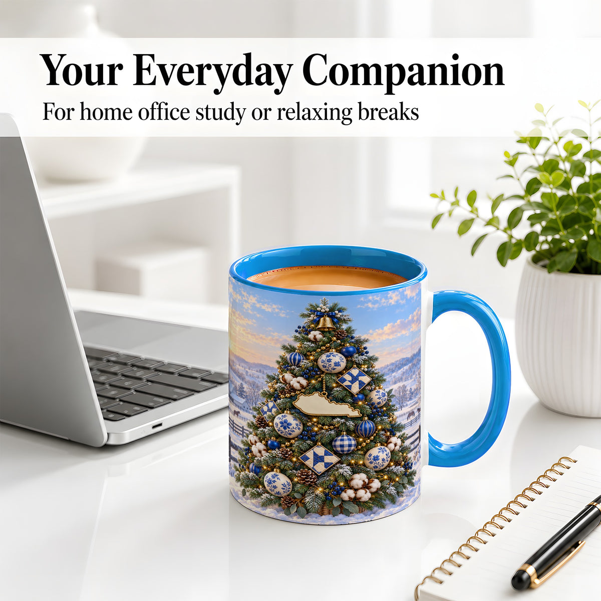 #pl[11oz|Blue] Blue White Christmas Tree Ceramic Mug, Rustic Country Holiday Art