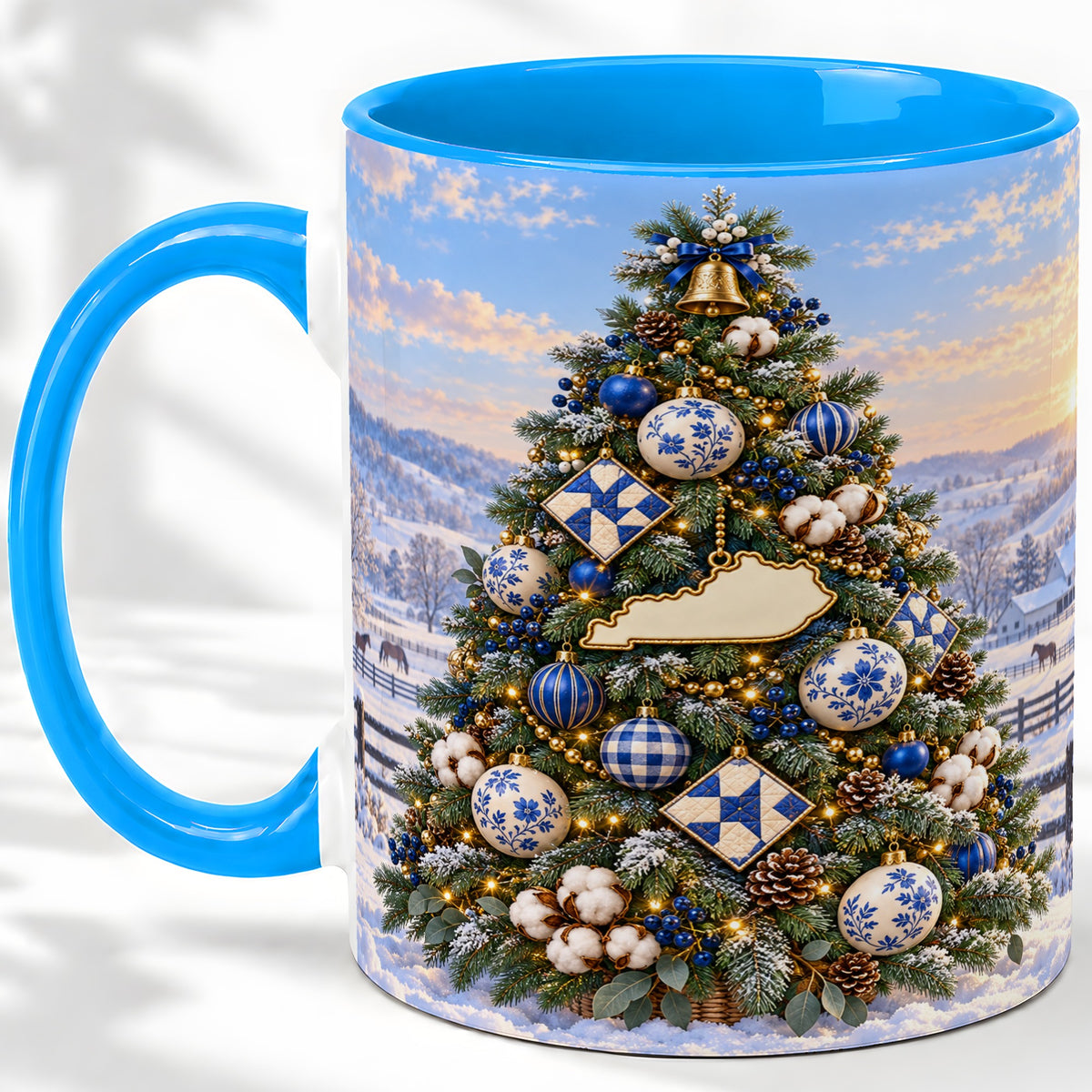#pl[11oz|Blue] Blue White Christmas Tree Ceramic Mug, Rustic Country Holiday Art