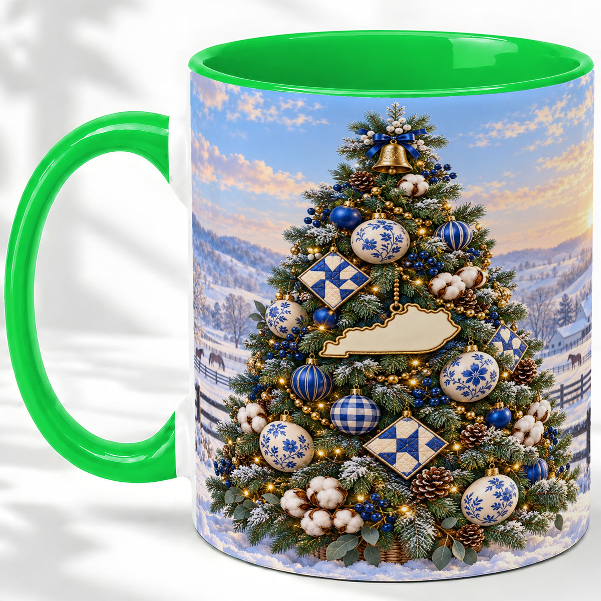 #pl[11oz|Green] Blue White Christmas Tree Ceramic Mug, Rustic Country Holiday Art