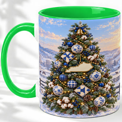 #pl[11oz|Green] Blue White Christmas Tree Ceramic Mug, Rustic Country Holiday Art
